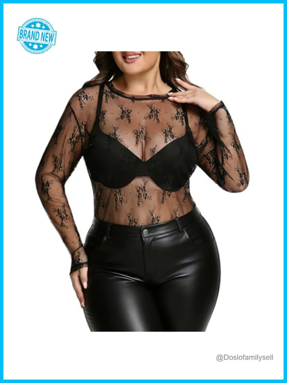 Plus Size Sheer Mesh Lace Long Sleeve Floral Blouse Crew Neck